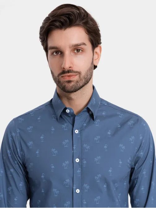 Zajímavá tmavě modrá košile s trendy letním vzorem V5 SHCS-0156