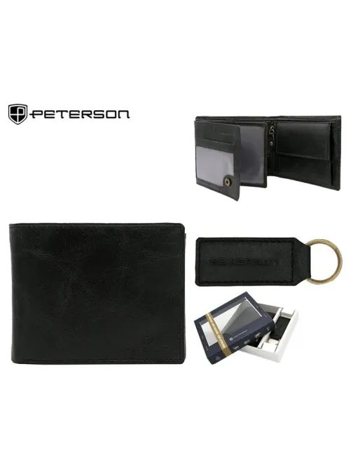 Elegantní černá kožená sada Peterson - peněženka a klíčenka