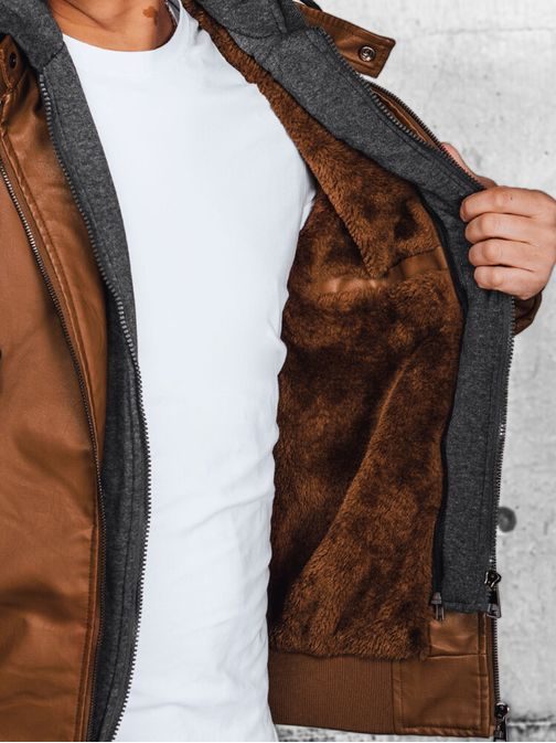 Trendy kamelová kožená bunda s kontrastní kapucí