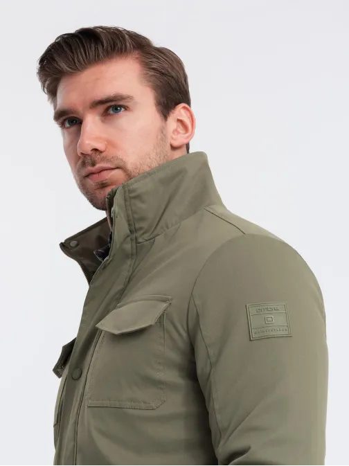 Pánská khaki bunda s vysokým límcem a kapsami V3 JALP-0167