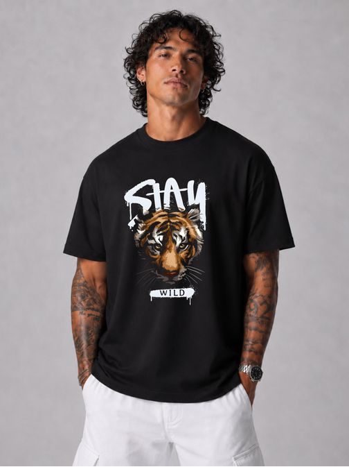Černé tričko oversize s nápisem Stay