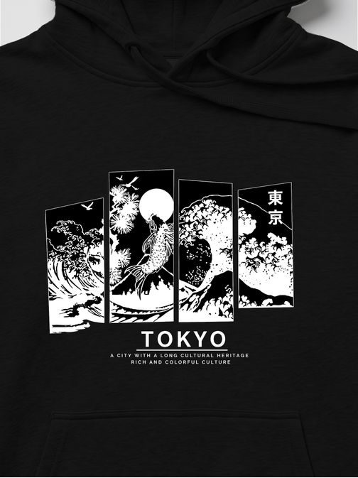 Černá mikina s kapucí s potiskem „Tokyo“