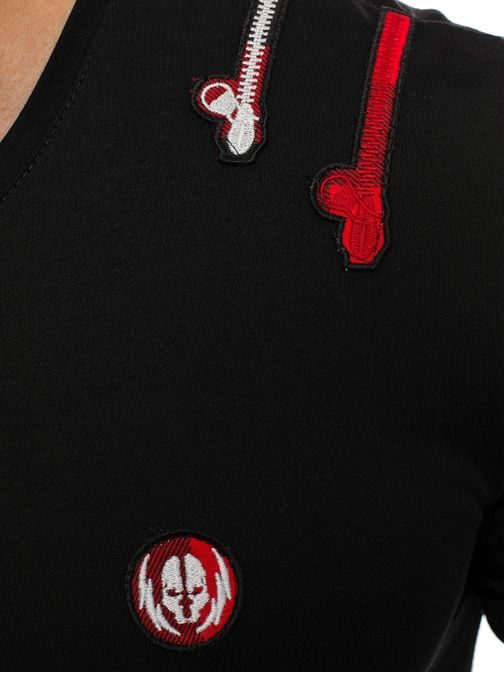 Zdobené černé pánské tričko prodloužený střih BREEZY 503BT