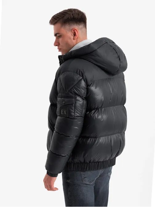 Nadčasová prošívaná lesklá černá bunda V1 JAHP-0207