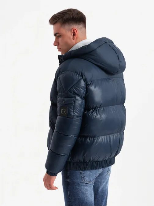 Nadčasová prošívaná lesklá tmavě modrá bunda V2 JAHP-0207