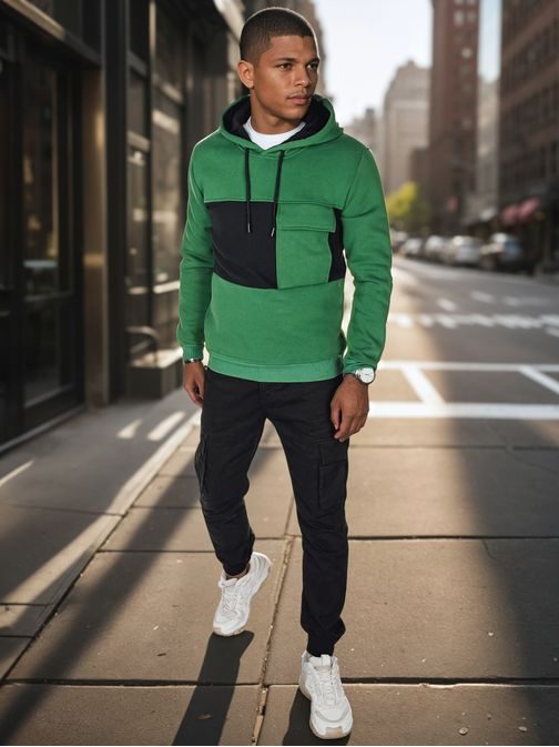 Zajímavá zelená mikina s kapsou a s kapucí