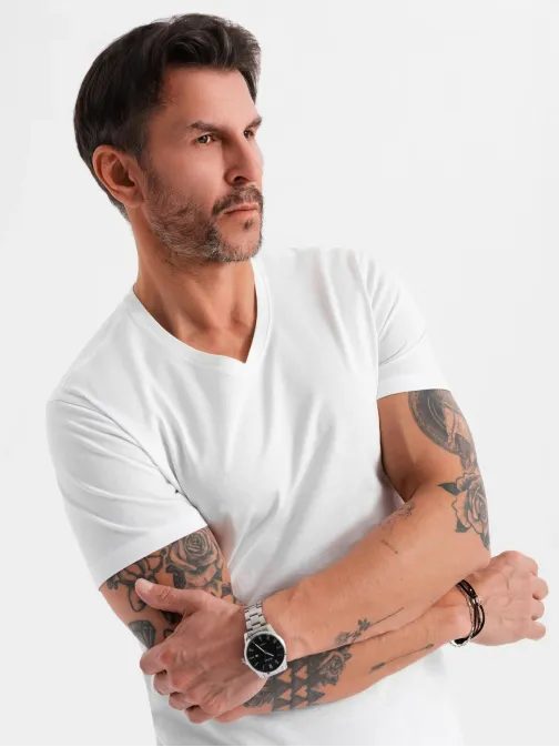 Základní bavlněné bílé tričko s výstřihem do V V4 TSBS-0237