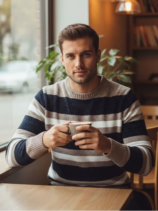 Módní pruhovaný modrý svetr na zimu