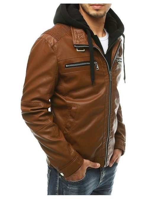 Trendová koženková bunda s kapucí v kamelové barvě