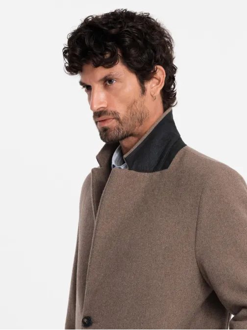 Elegantní hnědý jednořadý kabát V1 COWC-0114