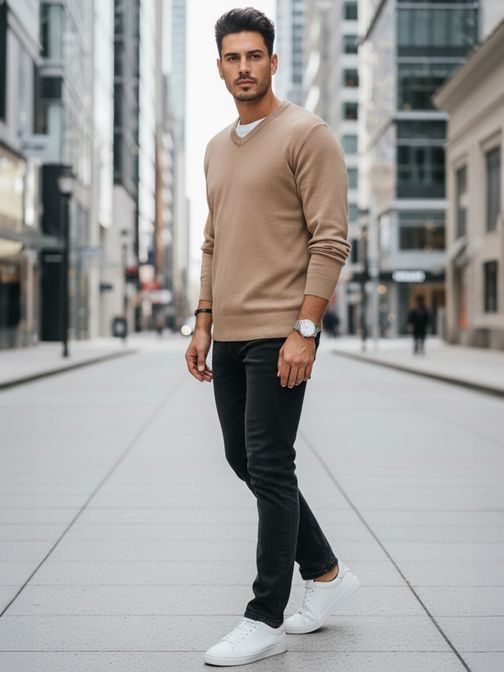 Základní hnědý pánský svetr s výstřihem do V