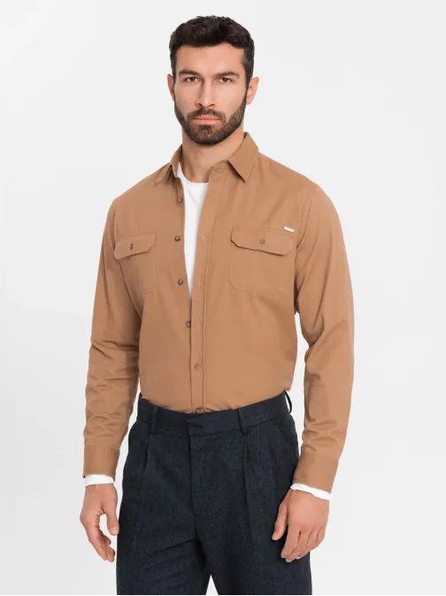 Ležérní kamelová košile s kapsami na knoflíky V2 SHCS-0146
