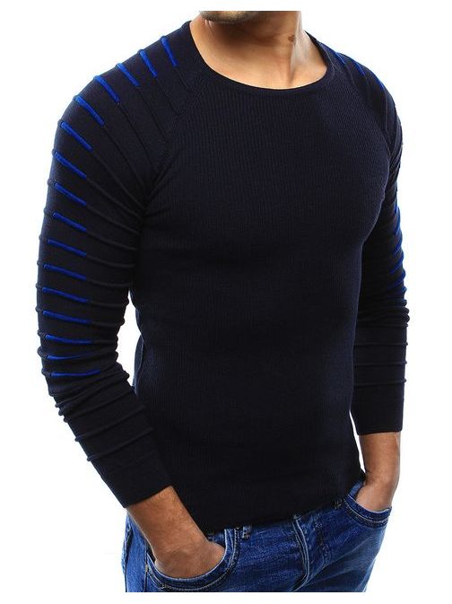 Tmavě modrý pánský svetr s propracovaným detailem