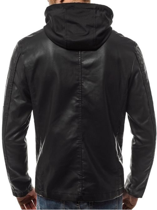 Pánská černá koženková bunda s kapucí