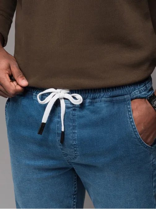 Jedinečné modré riflové jogger kalhoty s pruhy po bocích PADJ-0156