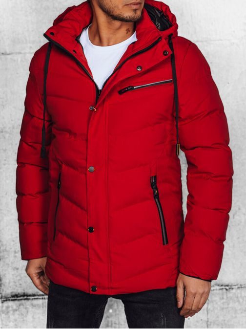 Trendy červená pánská prošívaná bunda s kapucí