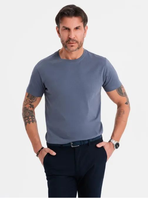 Základní džínové bavlněné tričko s kulatým výstřihem V7 TSBS-0236