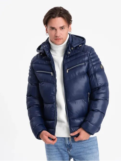 Prošívaná lesklá tmavě modrá bunda V2 JAHP-22FW-010