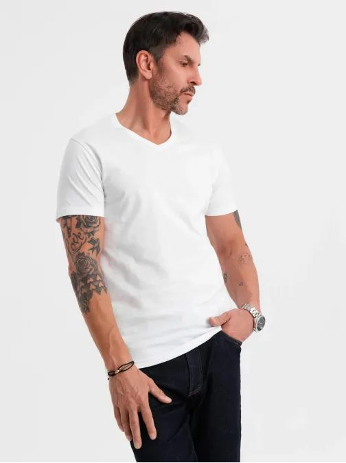 Základní bavlněné bílé tričko s výstřihem do V V4 TSBS-0237