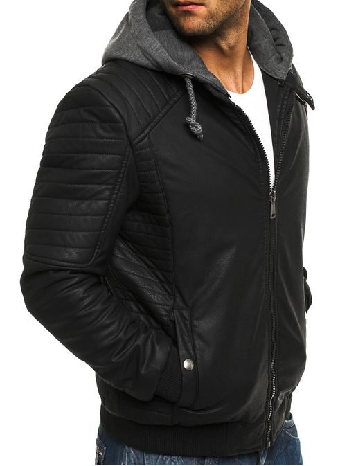 Zateplená černá kožená bunda s kapucí J.STYLE 3153