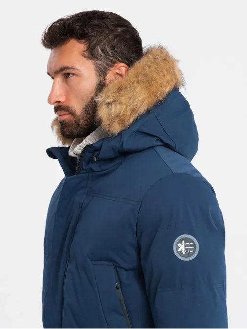 Moderní tmavě modrá pánská parka na zimu V5 JALJ-0184