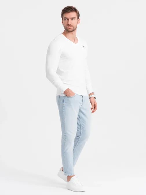 Dvojbalení bílých triček s dlouhým rukávem a výstřihem do V s logem Z103-V4