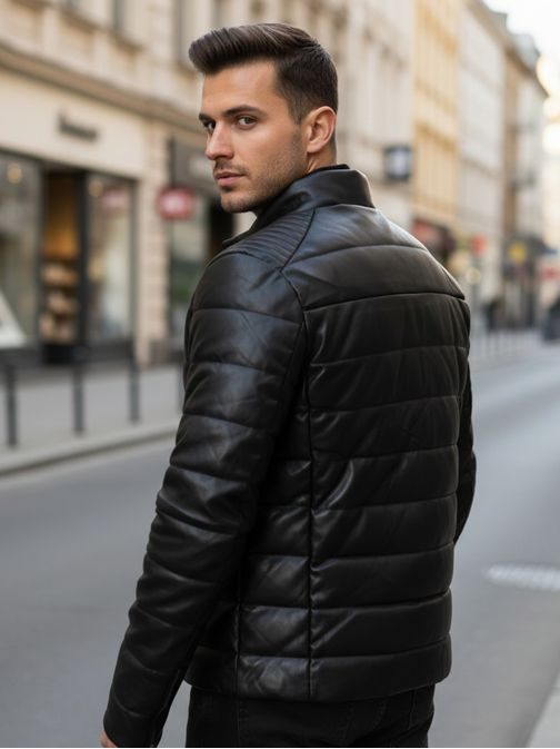 Moderní prošívaná kožená bunda na zimu v černé barvě