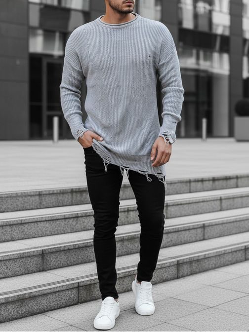 Stylový prodloužený svetr ve světle šedé barvě