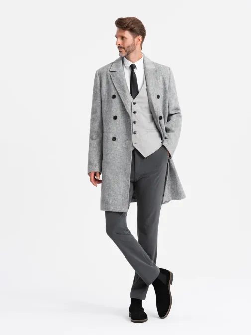 Elegantní pánský šedý dvouřadový kabát V1 COWC-0118
