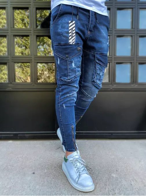 Trendové tmavě-nebesky modré kapsáčové džíny
