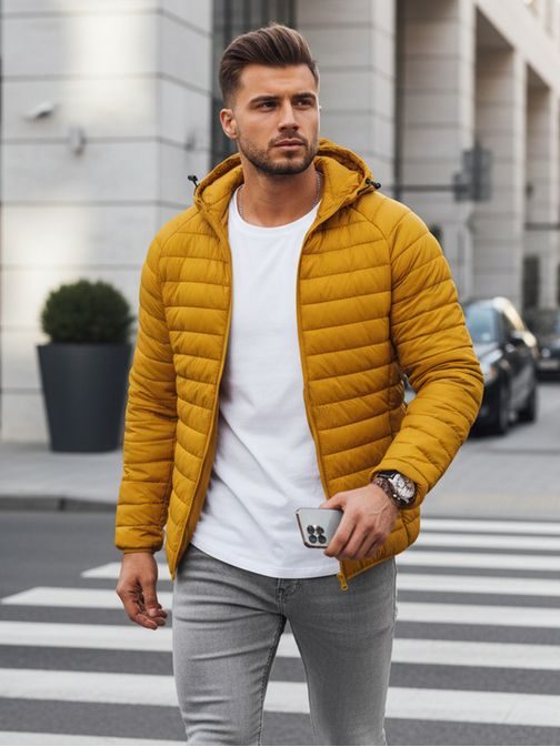 Prošívaná žlutá přechodová bunda s kapucí