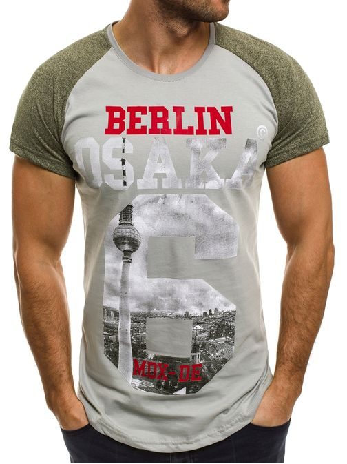Moderní šedé tričko s potiskem a nápisy Berlin OSAKA MADMEXT 1859T