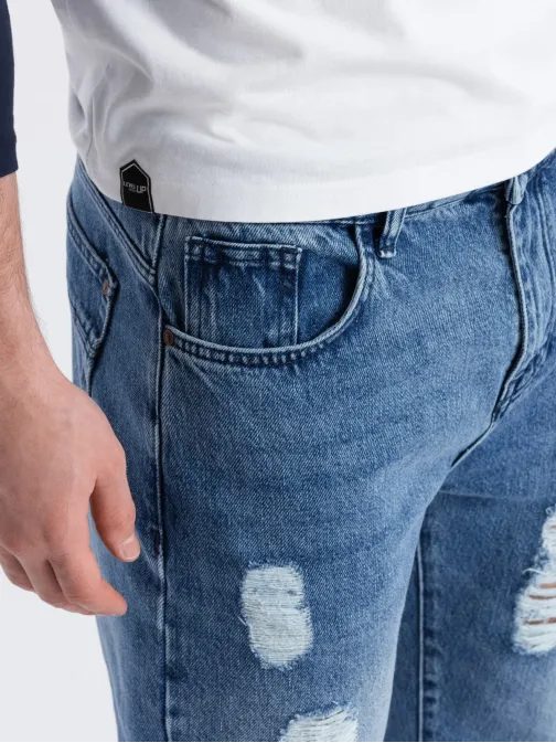 Indigo bavlněné rifle s dírami P1028