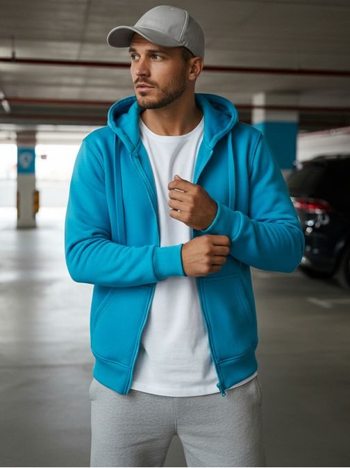 Světle-nebesky modrá jednoduchá mikina s kapucí