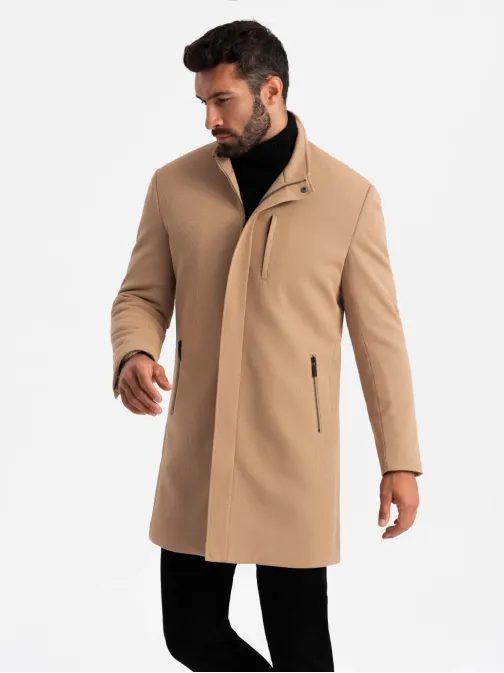 Moderní světle hnědý kabát s vysokým límcem V4 COWC-0117