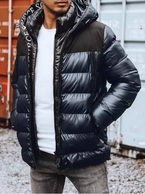 Trendy lesklá prošívaná tmavě modrá pánská bunda