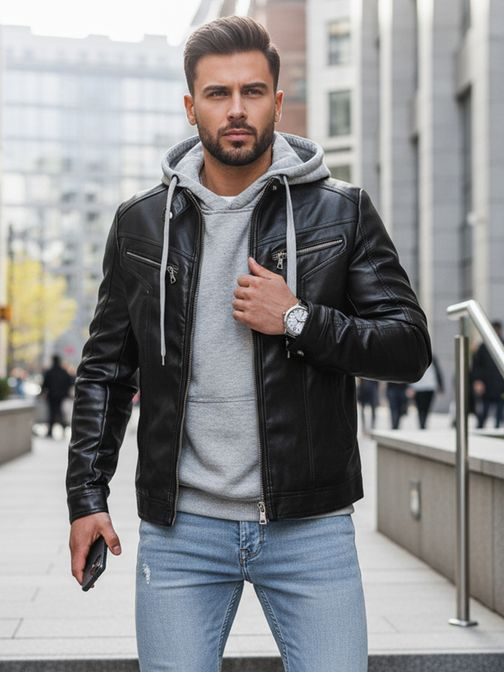 Trendy černá koženková bunda