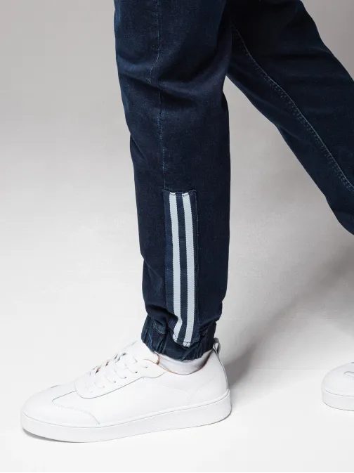 Jedinečné tmavě modré riflové jogger kalhoty s pruhy po bocích PADJ-0156