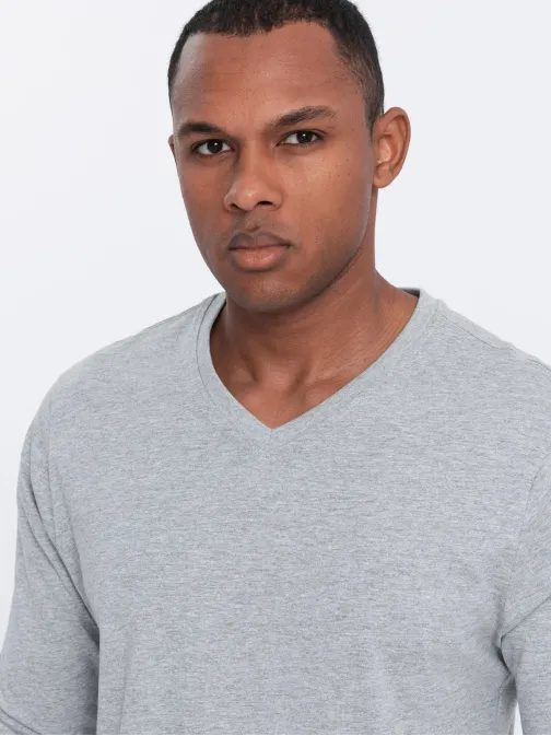 Šedé tričko s dlouhým rukávem a výstřihem do V V7 LSBL-0108