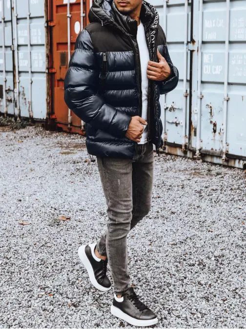 Trendy lesklá prošívaná tmavě modrá pánská bunda