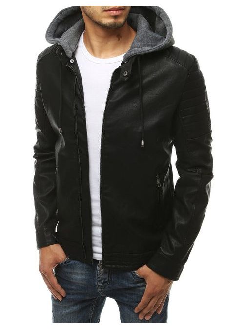 Černá koženková bunda s kapucí