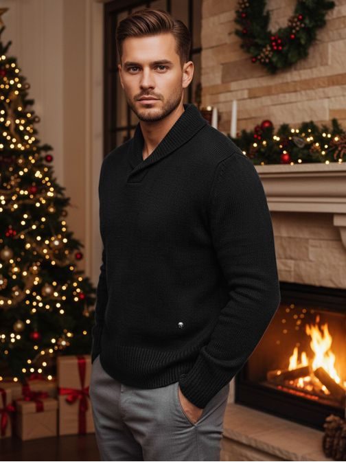 Zajímavý černý pánský svetr s límcem