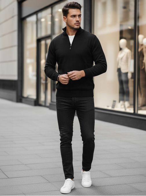 Moderní černý pánský svetr se zipem