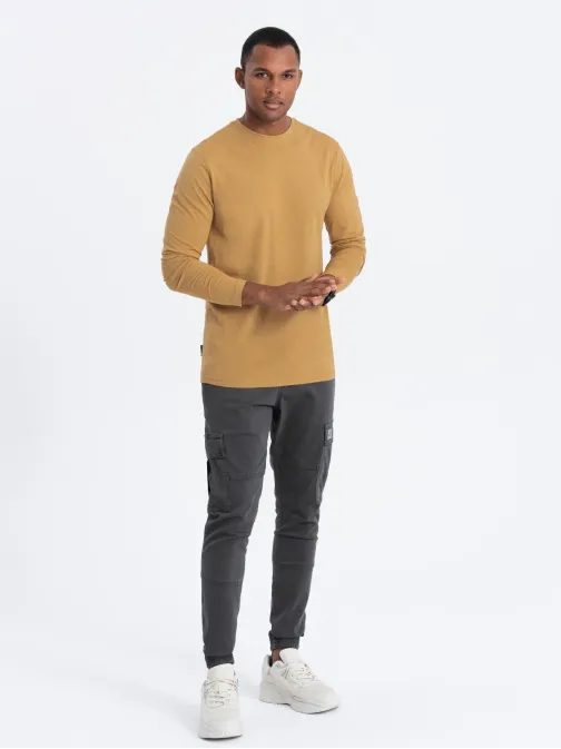 Jednoduché bavlněné tričko s dlouhým rukávem v hořčicové barvě v10 om-lsbl-0106