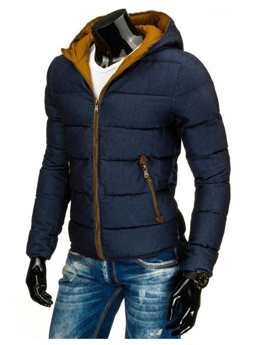 Tmavě modrá prošívaná moderní bunda s kapucí