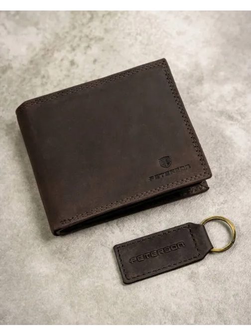 Módní tmavě hnědá kožená sada - peněženka a klíčenka