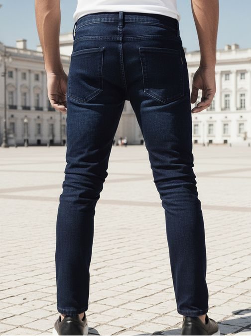 Trendy tmavě modré rifle s módními odřeninami