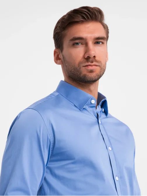 Módní modrá hladká slim-fit košile V2 SHOS-0176