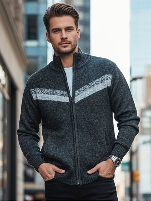 Moderní vzorovaný tmavě šedý pánský svetr