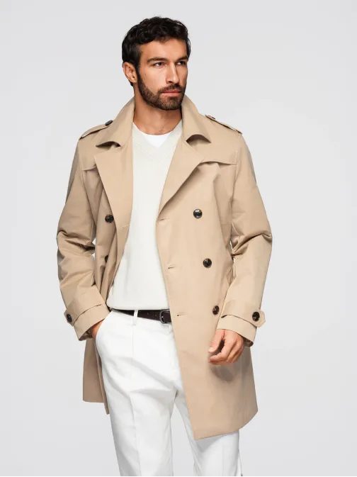 Stylový béžový plášť s páskem V1 COLC-0146